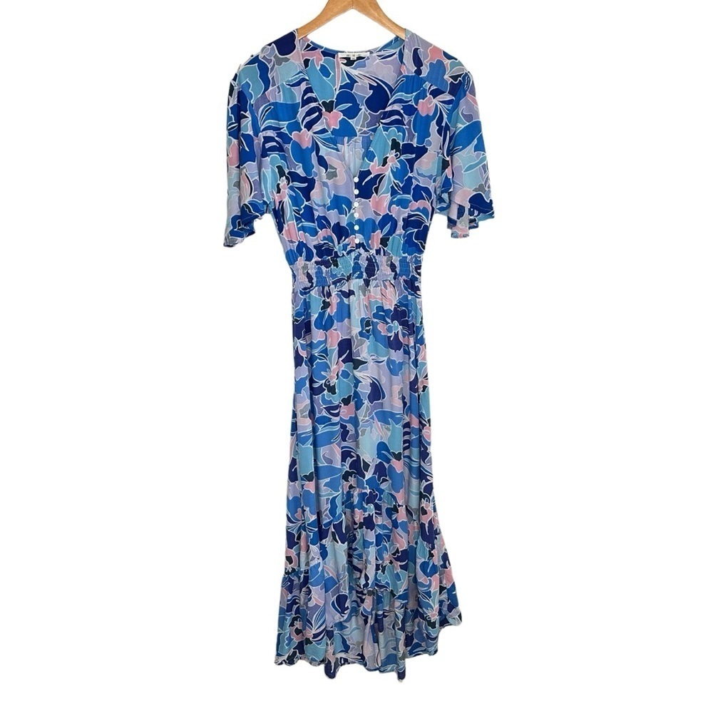 Abel the Label Womens Floral High Low Midi Dress Sz Medium Blue Flutter Sleeve